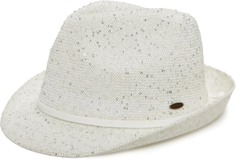 Funky Junque Women's Straw Fedora Sun Hat - UPF 50+ Protection, Short Brim, Stylish Woven Pattern - Image 1